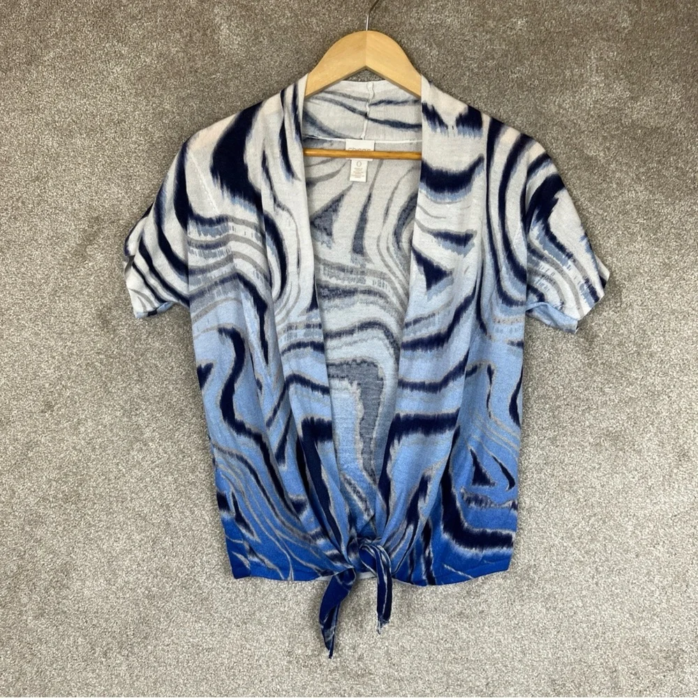 Chico’s Cardigan Womens 0 Blue White Short Sleeve Lightweight Rayon Blend- 2432*